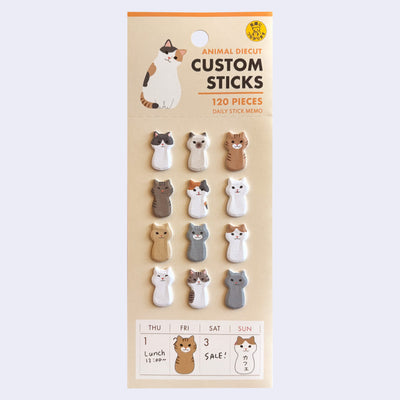 Sticky notes shaped like cats in 12 different color ways, assembled together on a sheet for display.