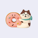 Cute cat-shaped figurine holding a pink donut with a smiley face on a light purple background