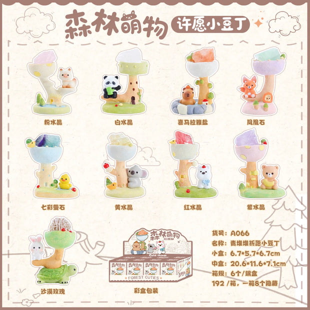 Promo graphic of a set of animal figurines in unique landscapes with crystals.