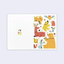 Greeting card spread out to show front and back, of various animals on a white background