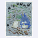 Illustration of 2 small chibi ghost characters, one blue and one white holding leaves. They stand around different tree nuts and rocks, with sparse plant sprouts around them. Spiky black dust sprites float nearby.