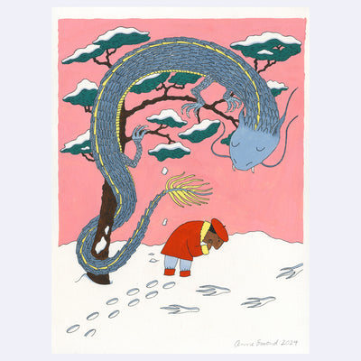 Painting of a large blue cartoon dragon, perched in a tree and looking down on a person. The person is hunched over and inspecting mysterious clawed tracks in the snow.