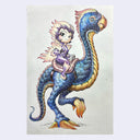 Illustration of a character riding a dragon-like creature on a light beige background