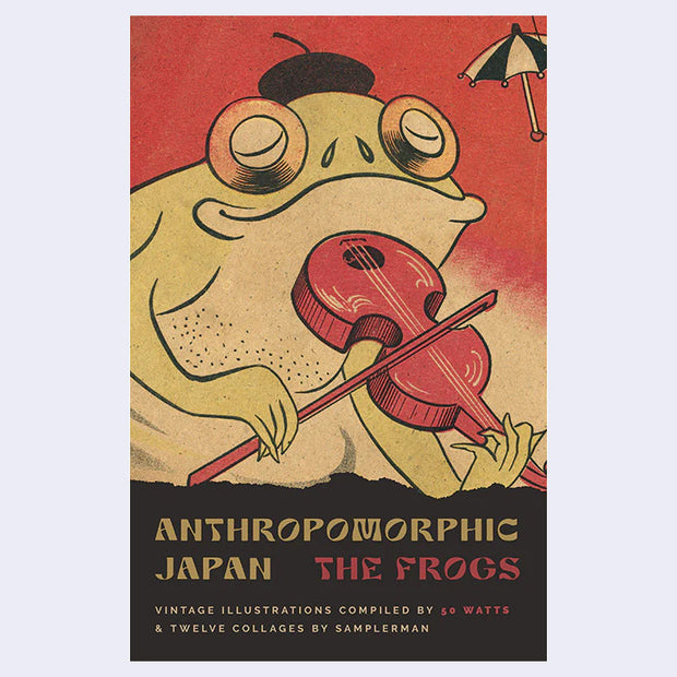 Book cover of 'Anthropomorphic Japan: The Frogs' with a frog playing a violin on a red background.
