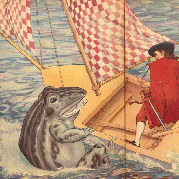 Illustration of a person on a ship with a large frog in the foreground, smiling.