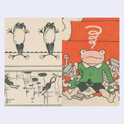 Set of 2 illustrations: The first is of a line drawing of frogs standing and jumping into water. The other is of a cartoon frog sitting amongst toy parts and looking confused.