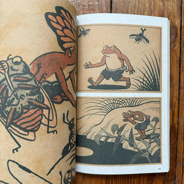 Open book with traditional Japanese frog illustrations on a wooden surface