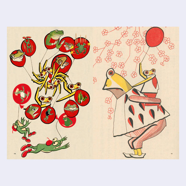 Colorful vintage style Japanese illustrations of frogs as people.