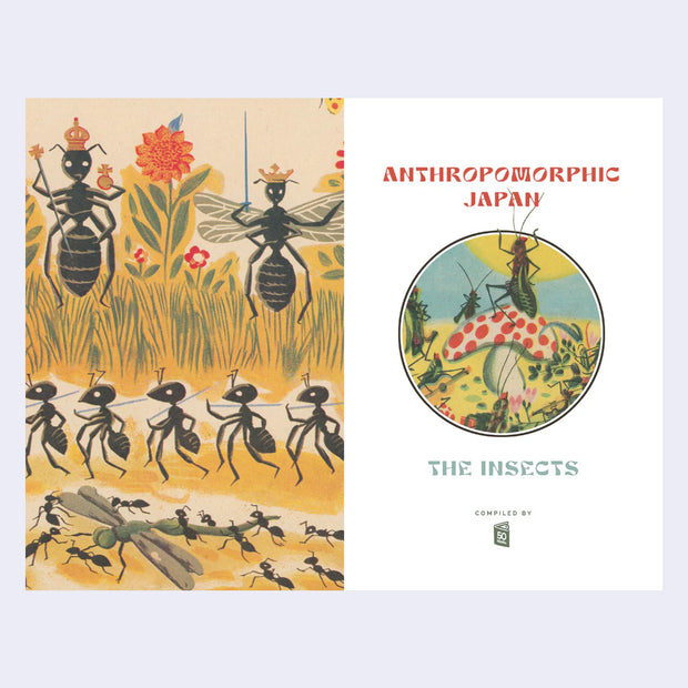 Inner book cover of 'Anthropomorphic Japan: The Insects' with illustrations of anthropomorphized insects.