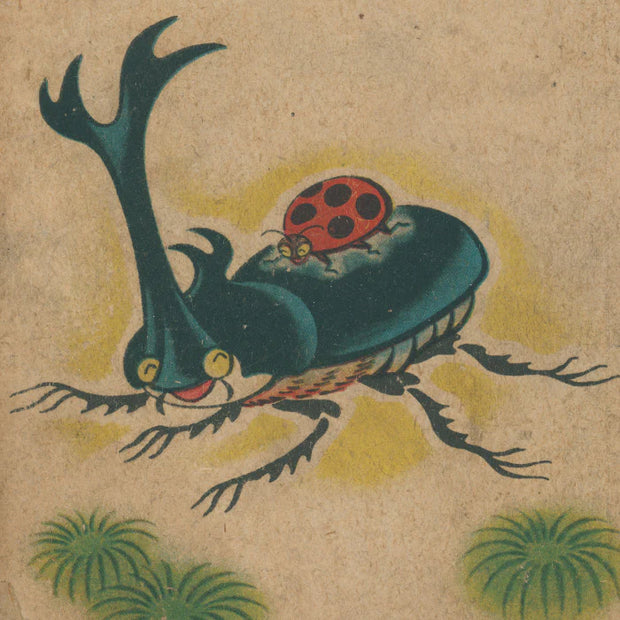 Cartoonish green beetle with a ladybug on its back against a brown background