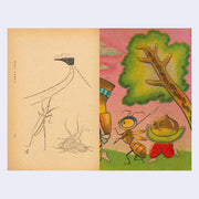 Two illustrations side by side; one is a simple line drawing of an insect and a train, the other is a colorful cartoon-style illustration of insect characters with a tree.