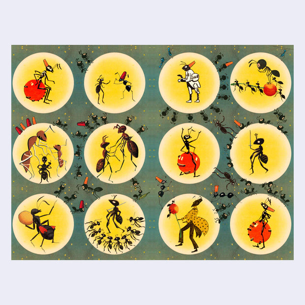 Illustrations of ants performing various activities on a patterned background