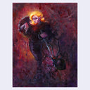 Painting of a blonde woman with bright hair, dressed all in dark black or purple and holding a sword. Crawling towards her is a huge black spider with many eyes.