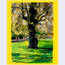 An impressionist-style landscape painting of a large tree with yellow and green foliage, set against a bright yellow border.