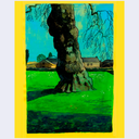 A colorful landscape painting depicting a large tree trunk in a bright green field under a turquoise sky, framed by a wide yellow border.