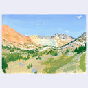 Painting of a mountain landscape with green valleys and red mountains.