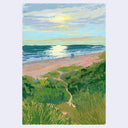 Painting of a beach scene at near-sunset with a watch tower on the sand.