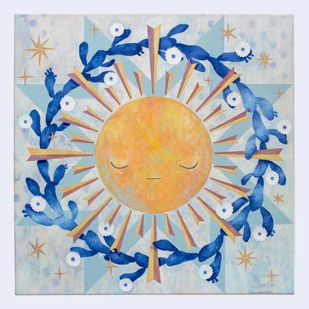 Painting of a yellow sun with graphic style rays coming off of it. A wreath of blooming cacti surround the sun. Background is painted white and blue like a quilt style pattern.