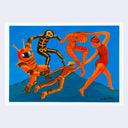 A colorful art print featuring stylized figures in orange and red suits against a bright blue background, with a white border around the artwork.