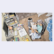 Ink and watercolor drawing of a girl smiling and drawing on a pad of paper. She sits in a desk chair, in front of a desk filled with various art supplies and a drawn comic panel. A floor fan blows air towards the desk.