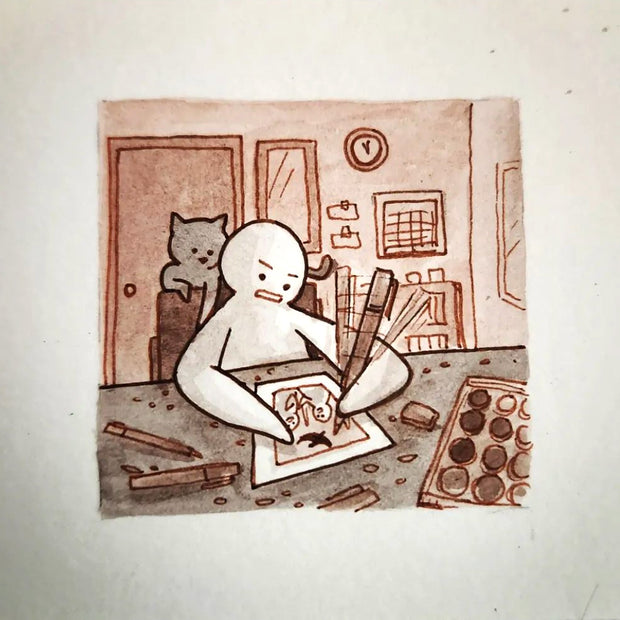 Illustration of a simple white character aggressively scribbling a drawing on a messy desk, with many pens and watercolors.