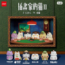 Framed artwork of cartoon cats playing poker with cat figurines below on a green background