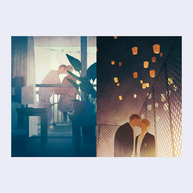 2 page spread of 2 illustrations, 1 on each page. Both depict 2 men kissing one another, the first scene is on a balcony seen through the apartment. And the other is outside and a lantern festival, against an iron fence.