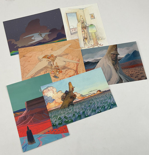 6 different postcards of various art by Moebius.