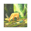 Image transfer illustration on yellow post it note of a yakul elk from Princess Mononoke, standing in a forest clearing with bright lighting. A boy lays on the forest floor next to it.