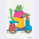 Colorful illustration of a green cartoon cat wearing a colorful outfit - a pink shirt, purple scarf and yellow pants. They ride a blue scooter.
