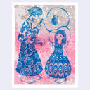 Illustration of two women in patterned dresses interacting with bubbles on a pink and gray background.