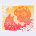 Risograph print in bring orange and red ink of a person petting a cat, they both lean their heads into one another.