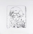 Softly rendered graphite drawing of a girl with puffy clothing around her she holder her finger out to a robotic dog which has its mouth open.