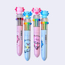 4 pens - 2 blue and 2 pink - with 10 different color options each. They are topped with cute cartoon axolotl rubber pen toppers.