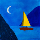 Painting of a blue night, with a yellow sailboat sitting on the water.