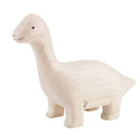 Wooden figure of a dinosaur with a long neck on a white background