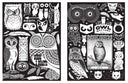 Open 2 page zine booklet spread of scanned and illustrated black and white imagery of cartoon owls.