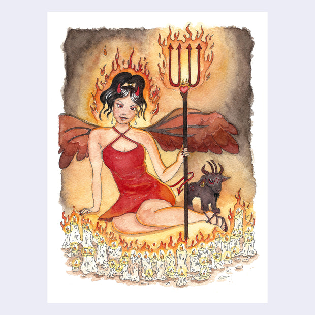 Ink and watercolor illustration of a winged woman with red devil horns and a devil tail, sitting on the floor, slightly to the side. She holds up a flaming pitchfork and wears a deep red dress. Behind her is a small black goat and framing them is a semi circle of burning candles.