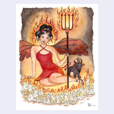Ink and watercolor illustration of a winged woman with red devil horns and a devil tail, sitting on the floor, slightly to the side. She holds up a flaming pitchfork and wears a deep red dress. Behind her is a small black goat and framing them is a semi circle of burning candles. 