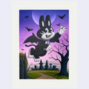Cartoon character in a bat costume against a purple sunset graveyard background with bats and a moon.