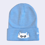 Sky blue beanie with a white embroidery on the front fold of a Big Boss Robot head.