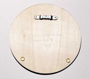 Back of circular wooden panel, with a sawtooth mounting hanger glued on and the artist's name in pencil.