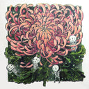 Illustration of a large pink flower with skeletons around it