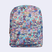 Backpack with additional front pocket. Features pastel pink colored fabric detailing, around the zipper and as the handles/straps. Bag has a small "tokidoki" nameplate on the upper center and is covered completely in a busy colorful pattern featuring tokidoki characters with with galactic and sci fi imagery.
