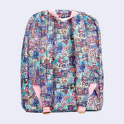 Backpack with additional front pocket. Features pastel pink colored fabric detailing, around the zipper and as the handles/straps. Bag has a small "tokidoki" nameplate on the upper center and is covered completely in a busy colorful pattern featuring tokidoki characters with with galactic and sci fi imagery. Back view.