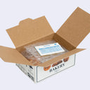 Open box of miniature stickers, made to resemble a shipping box with bubble wrap around the product and a small invoice. Exterior of box looks like realistic bakery bread box.