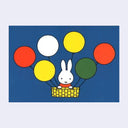 Blue postcard with an illustration of Miffy riding in a yellow basket with 6 round balloons tied to it, allowing it to float.