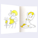 Open book spread of 2 pages, both featuring a ballpoint pen illustration with yellow accent coloring of blonde women in lingerie. 