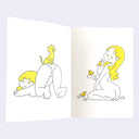 Open book spread of 2 pages, both featuring a ballpoint pen illustration with yellow accent coloring of cartoon style blonde women in lingerie or nude
