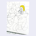 Cartoon character with yellow hair on a white background with black line art